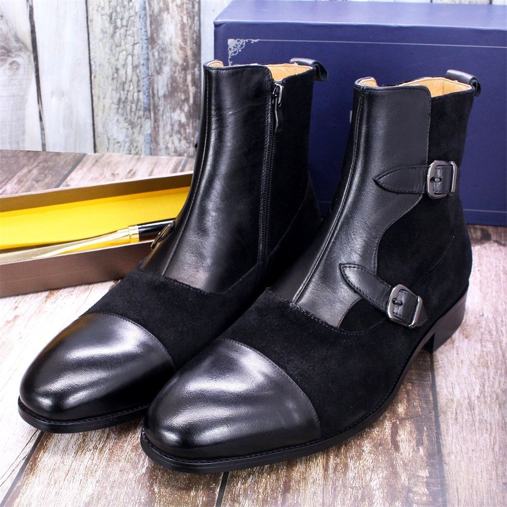 Men's Black Suede & Leather Double-Buckle Chelsea Boots - Sleek Formal Casual Ankle Boots