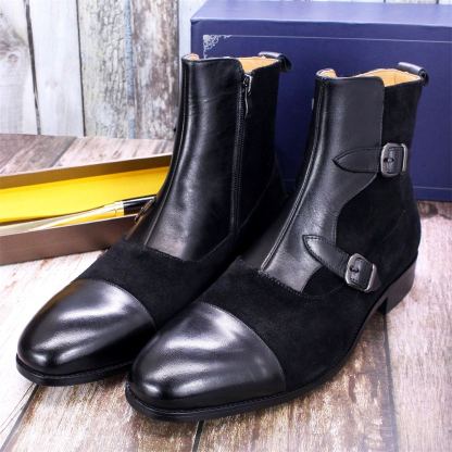 Men's Black Suede & Leather Double-Buckle Chelsea Boots - Sleek Formal Casual Ankle Boots