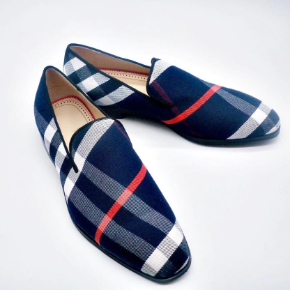 Breathable Blue and Khaki Plaid Slip-On Shoes for Men in Extended Sizes