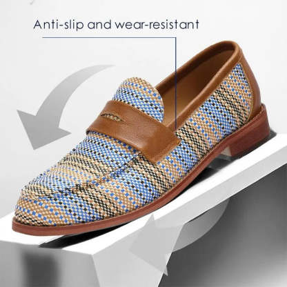 Men's Woven Leather Penny Loafers in Blue Houndstooth