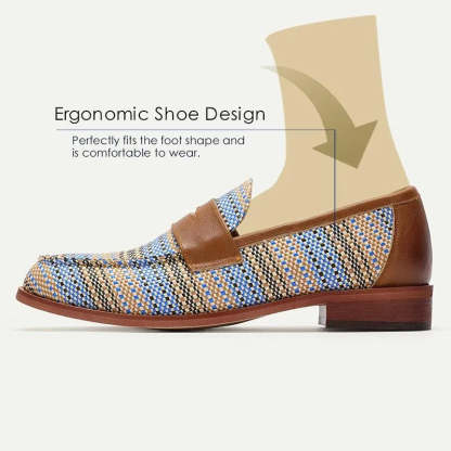 Men's Woven Leather Penny Loafers in Blue Houndstooth