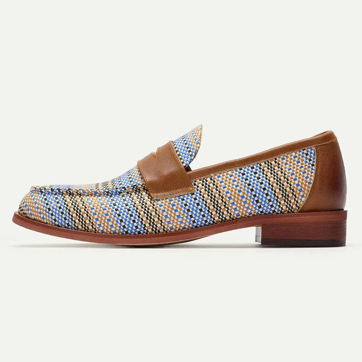 Men's Woven Leather Penny Loafers in Blue Houndstooth