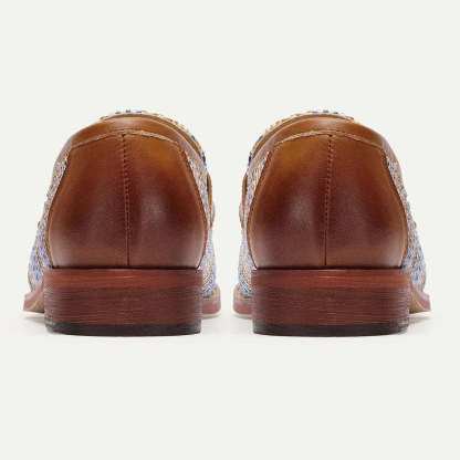 Men's Woven Leather Penny Loafers in Blue Houndstooth