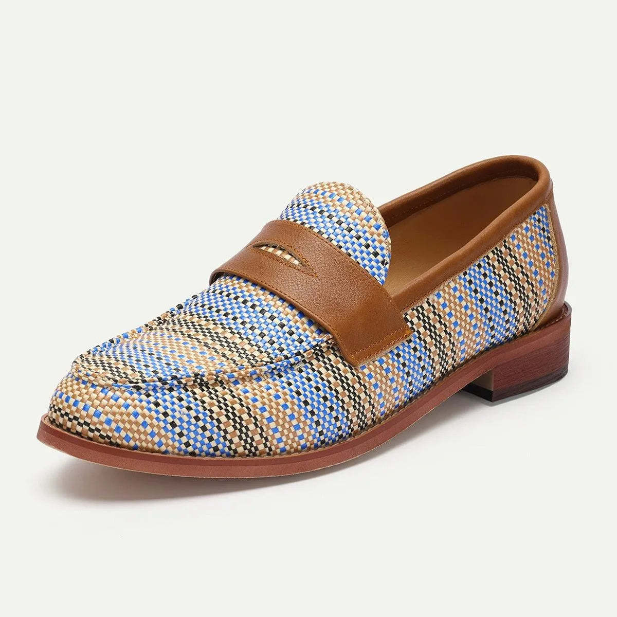Men's Woven Leather Penny Loafers in Blue Houndstooth