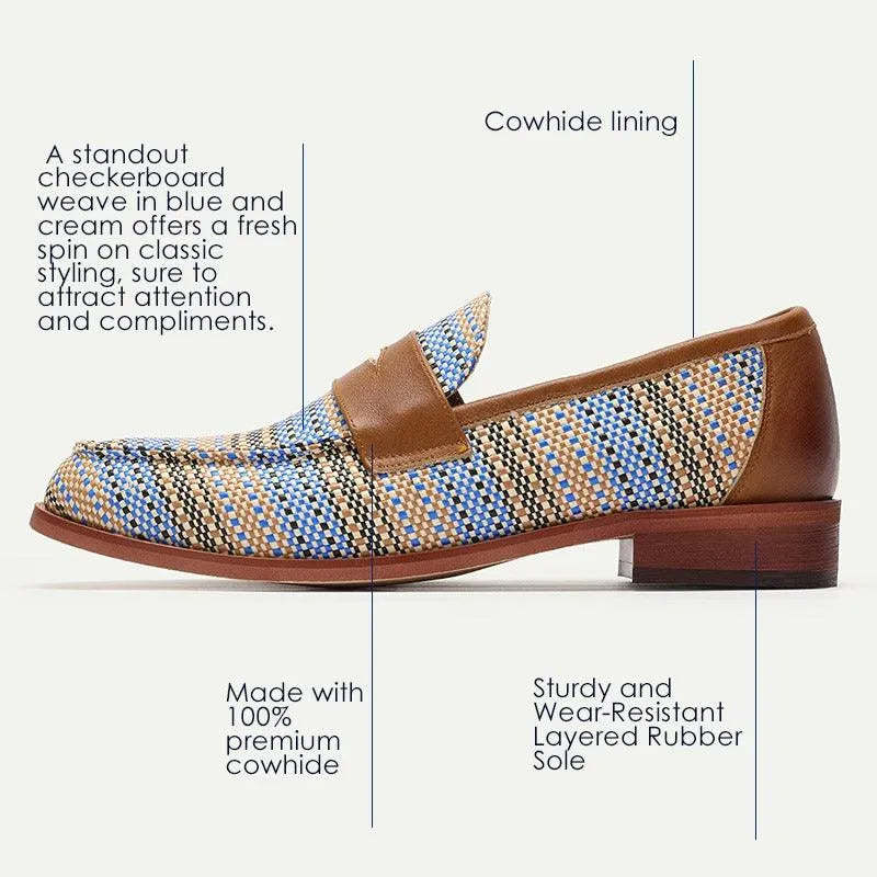 Men's Woven Leather Penny Loafers in Blue Houndstooth