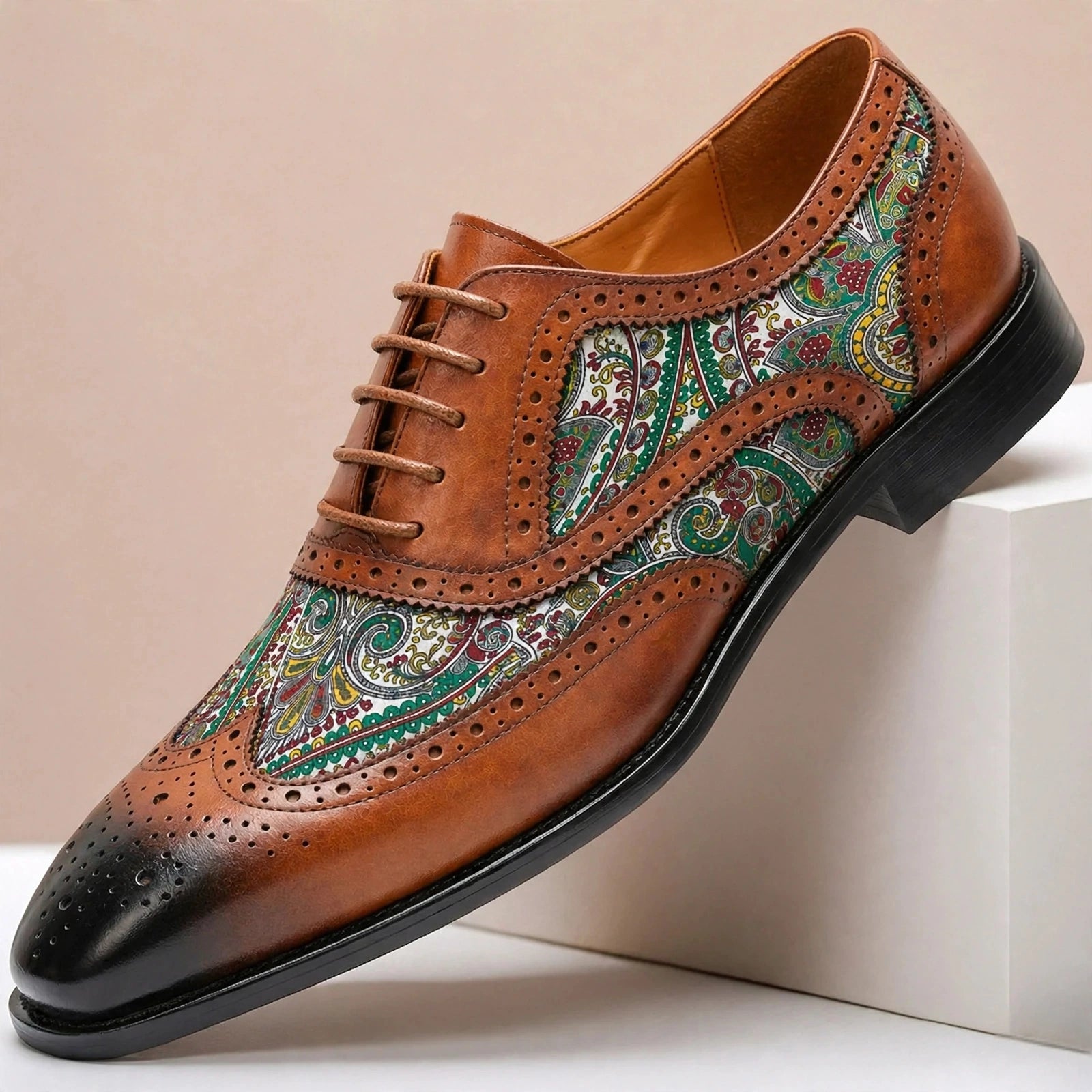 Men’s Paisley Wingtip Oxford Dress Shoes – Classic Lace-Up Style, Multiple Colors