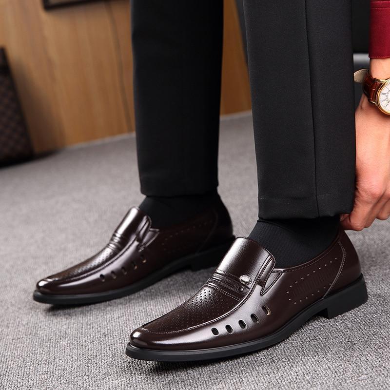 Men's Breathable Slip-On Hollow Leather Classic Business Wedding Shoes Flat Shoes
