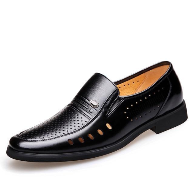 Men's Breathable Slip-On Hollow Leather Classic Business Wedding Shoes Flat Shoes