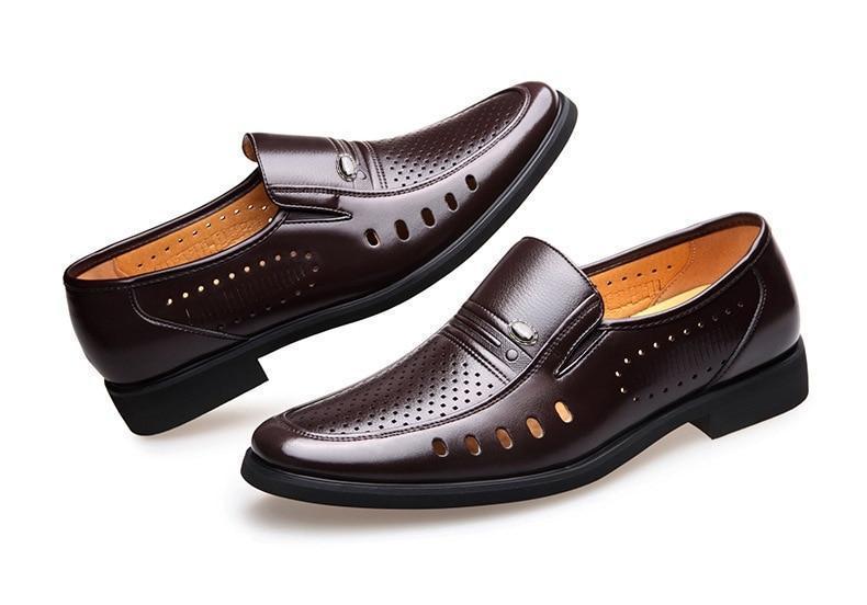 Men's Breathable Slip-On Hollow Leather Classic Business Wedding Shoes Flat Shoes