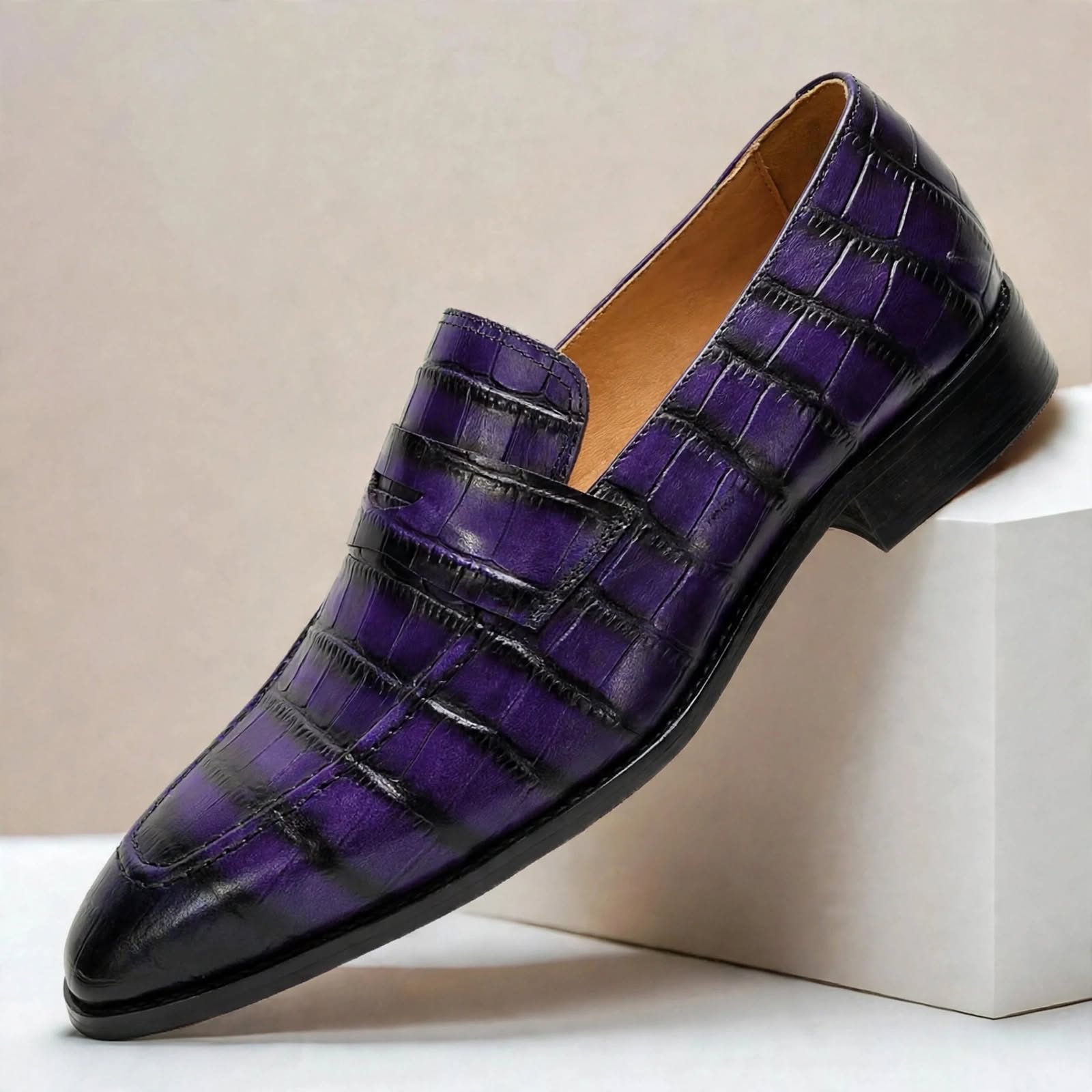 Men’s Luxury Crocodile Embossed Loafers – Elegant Pointed-Toe Dress Shoes