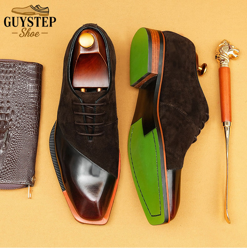  Stylish Men's Suede & Leather Two-Tone Oxfords - Square-Toe Business Formal Shoes