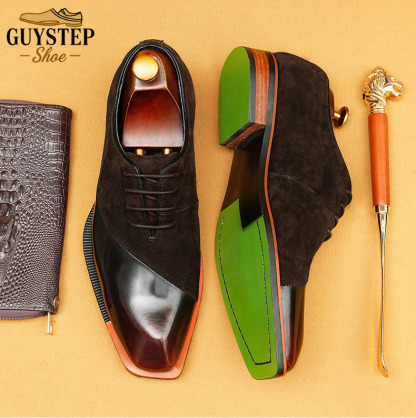  Stylish Men's Suede & Leather Two-Tone Oxfords - Square-Toe Business Formal Shoes