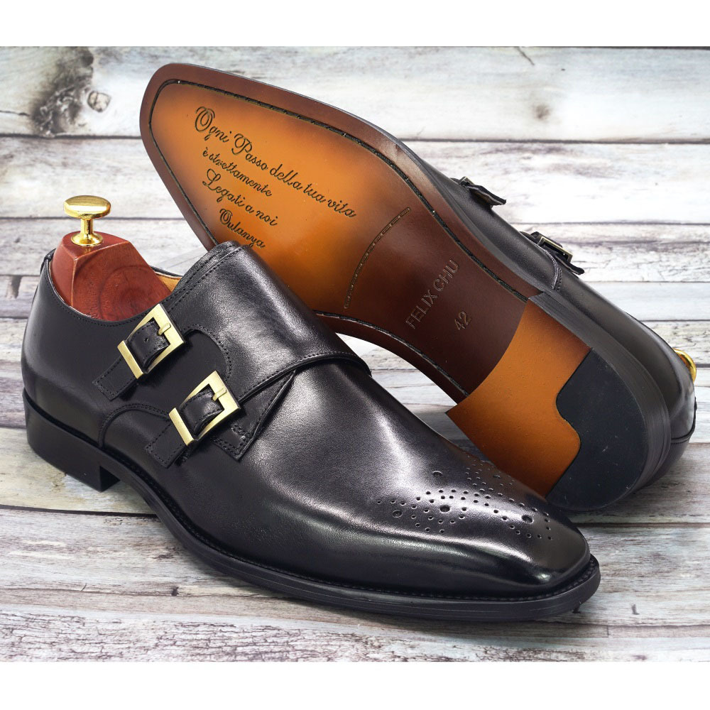 Men's Genuine Leather Double-Buckle Brogue-Detailed Monk Shoes