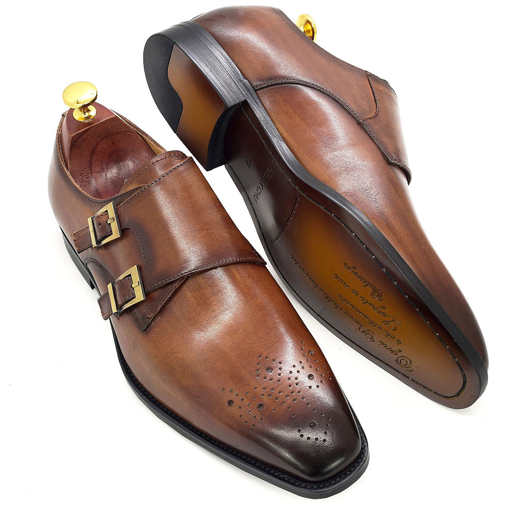 Men's Genuine Leather Double-Buckle Brogue-Detailed Monk Shoes