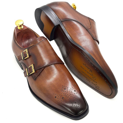 Men's Genuine Leather Double-Buckle Brogue-Detailed Monk Shoes
