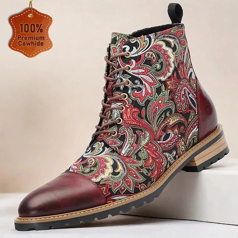 Men’s Premium Leather Floral Oxford Boots Vintage Paisley Design