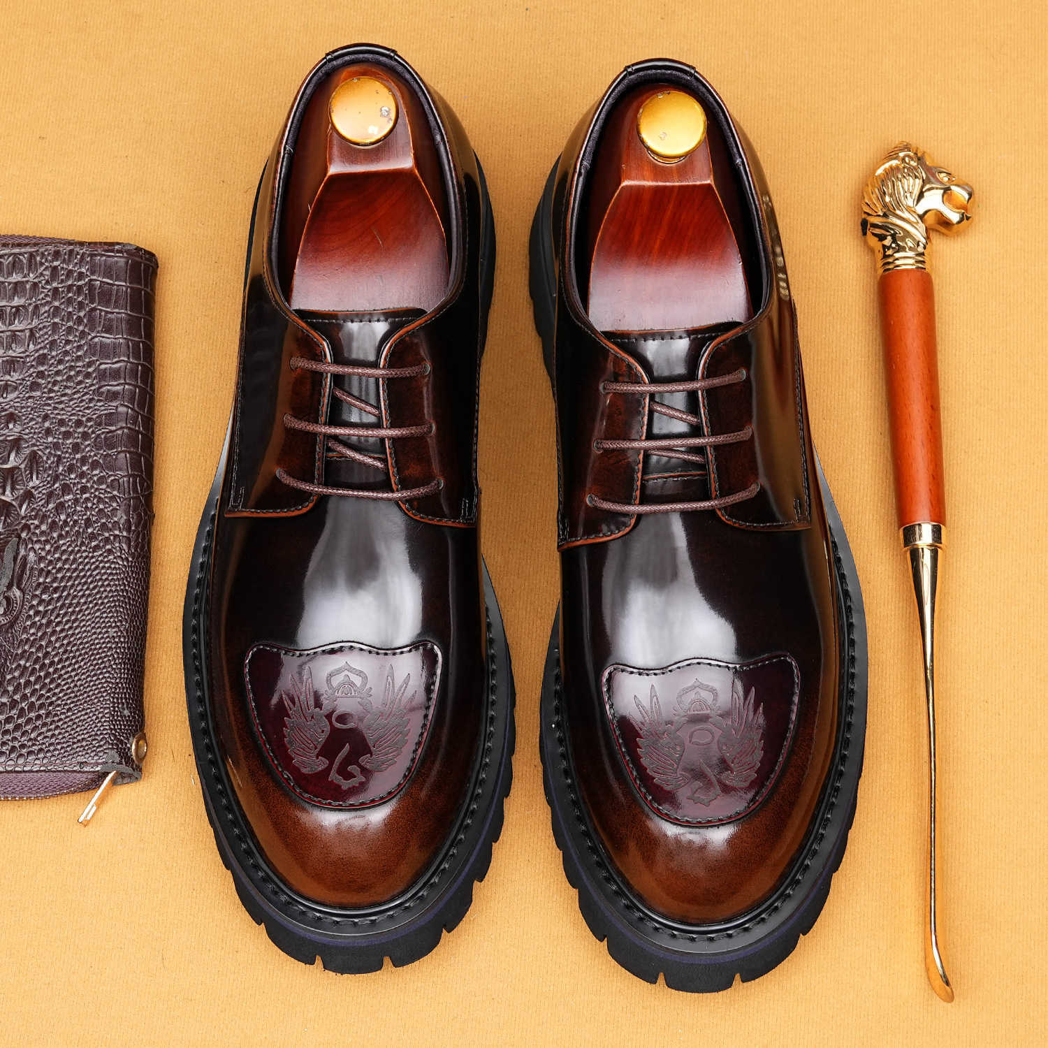 Men's Genuine Leather Embossed Thick Sole Polished Derby Shoes