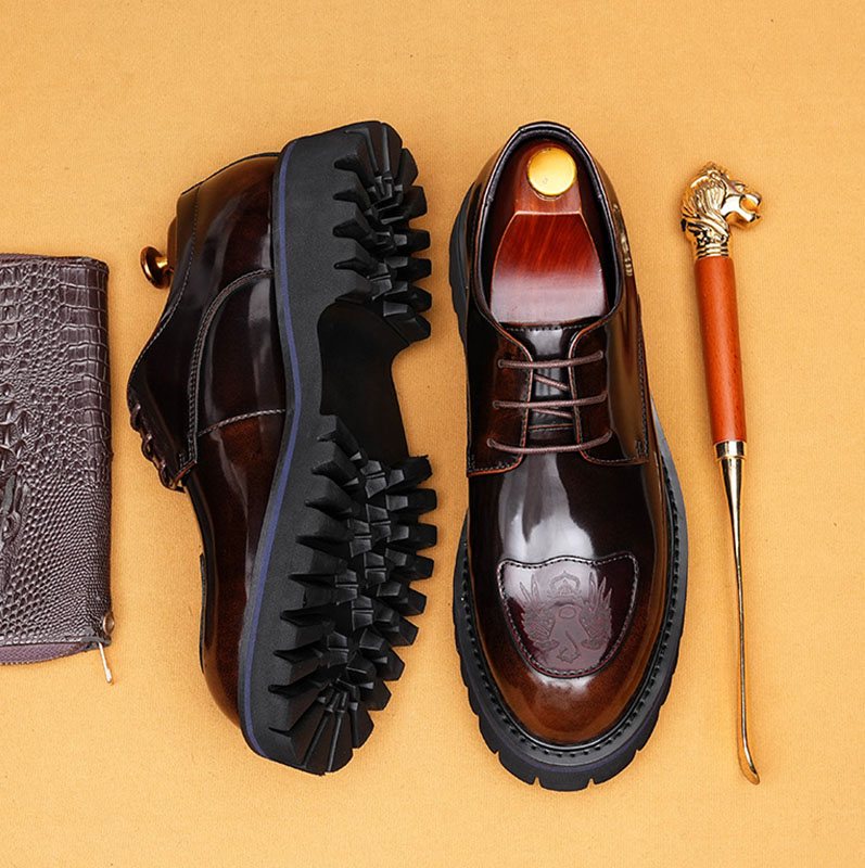Men's Genuine Leather Embossed Thick Sole Polished Derby Shoes