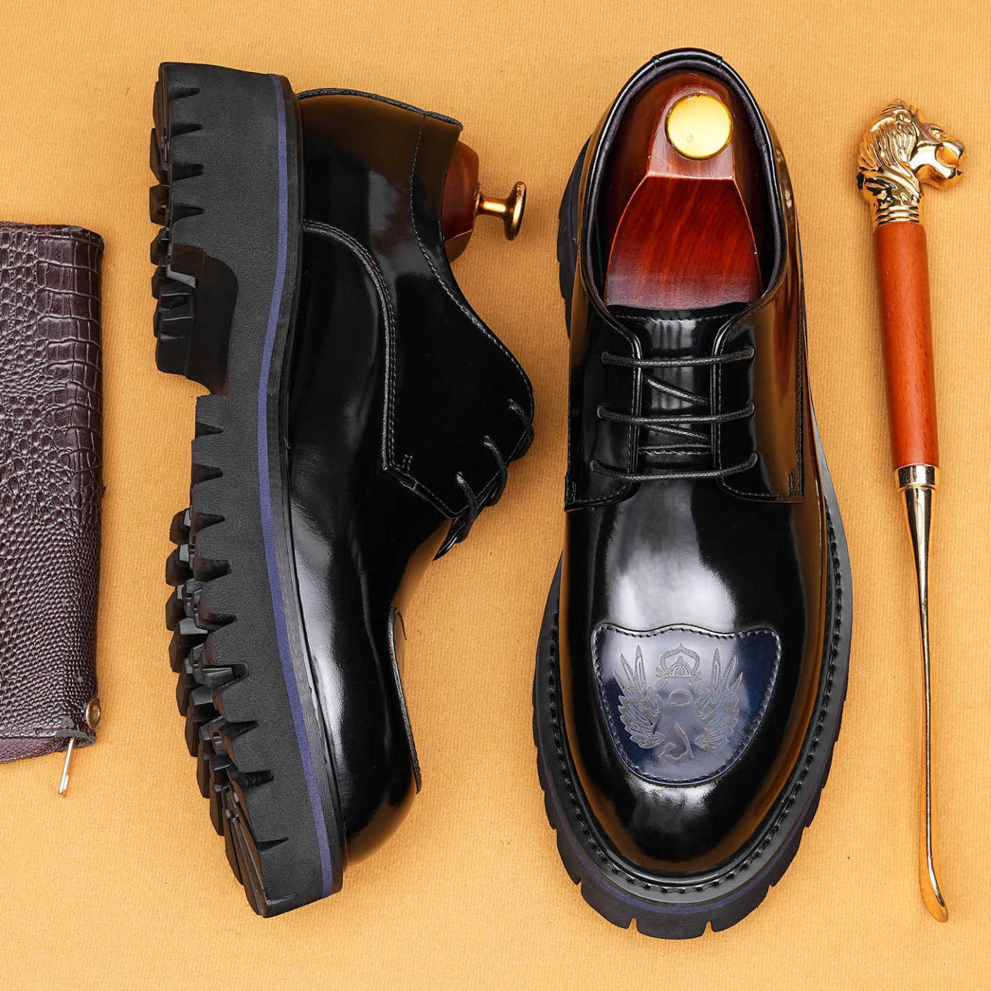 Men's Genuine Leather Embossed Thick Sole Polished Derby Shoes