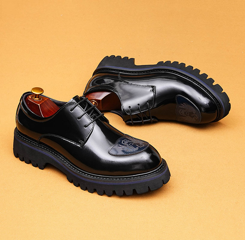 Men's Genuine Leather Embossed Thick Sole Polished Derby Shoes