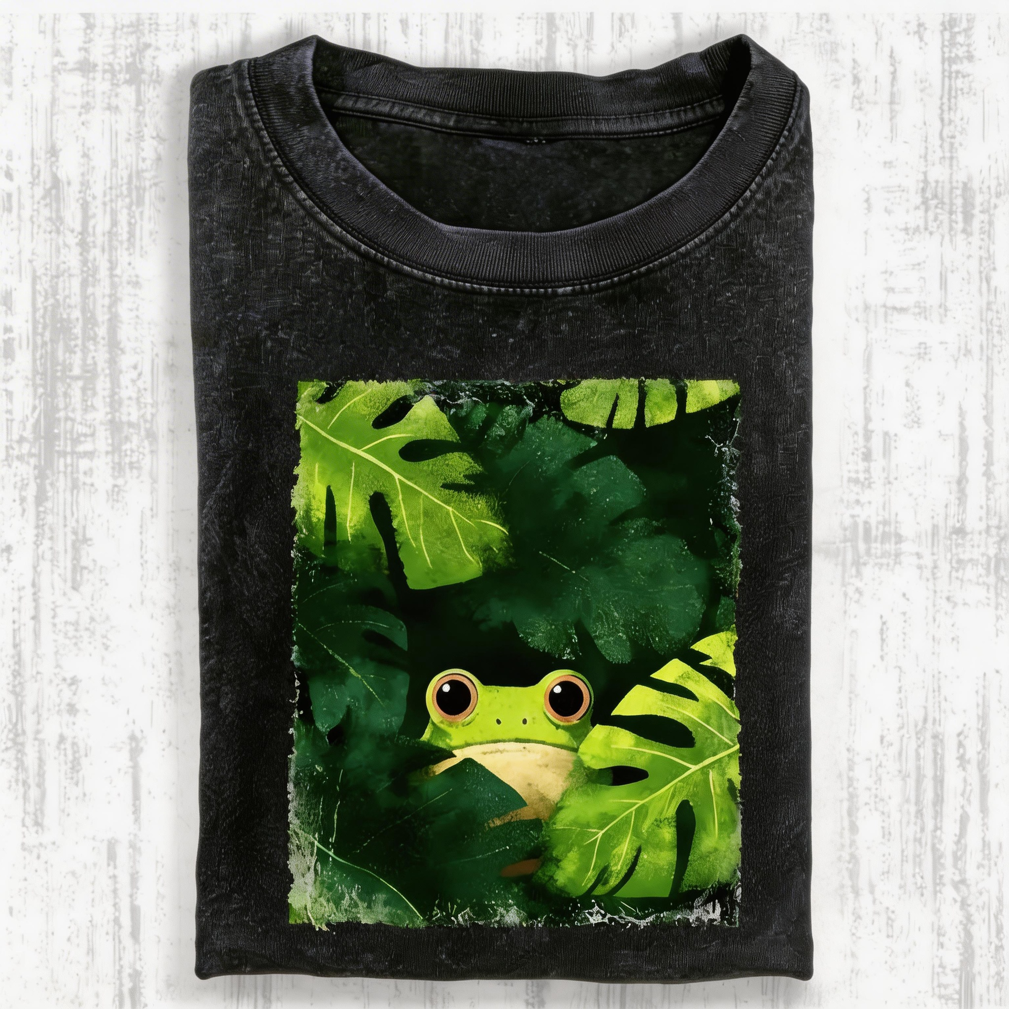 Frog Hiding In Green Leaves Vintage Washed T-shirt
