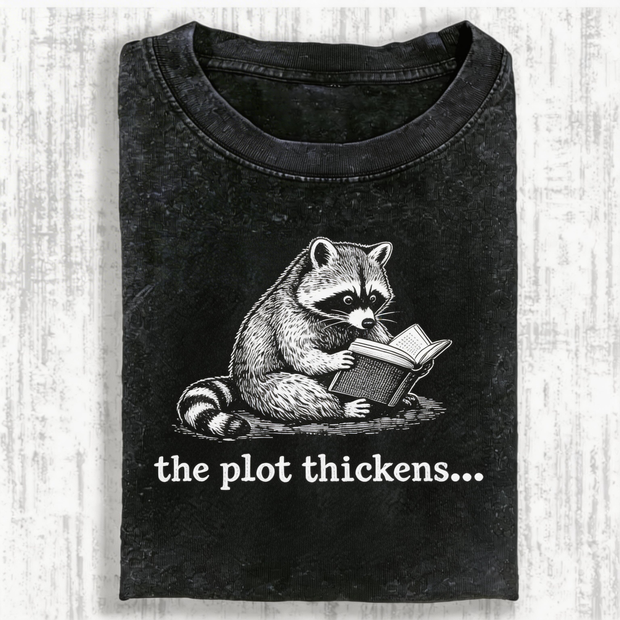 The Plot Thickens Bookish Raccoon Reading Vintage Washed T-shirt