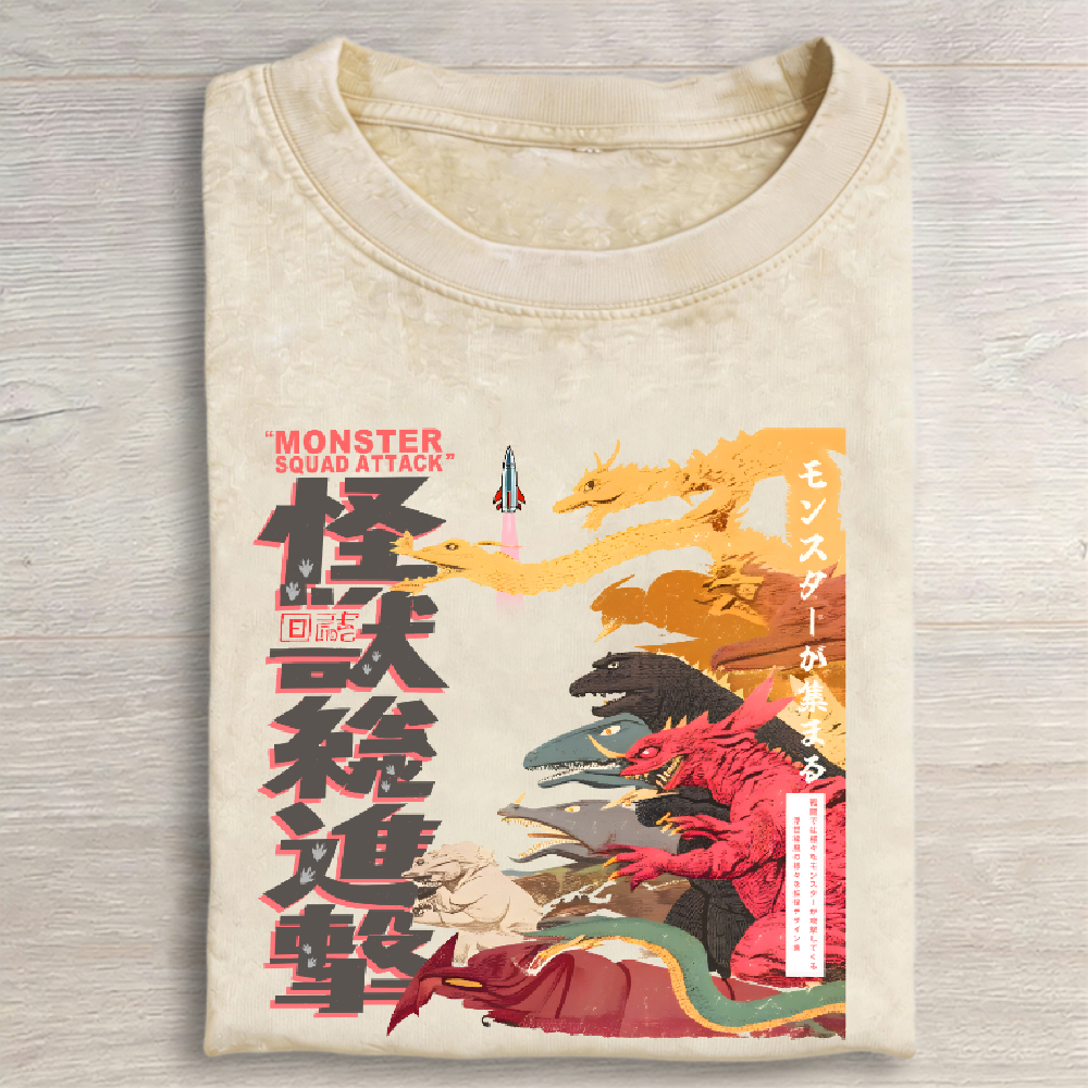 Monster Attacks Showa Retro Ukiyo-e Vintage Washed T-shirt