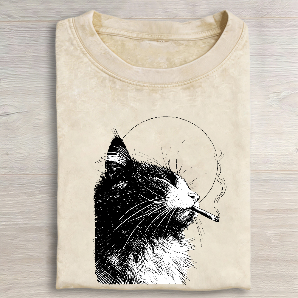 Japanese Cat  Stay Chill Smoking Vintage Washed T-shirt