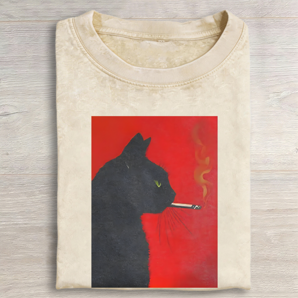 Black Cat Smoking Vintage Washed T-shirt