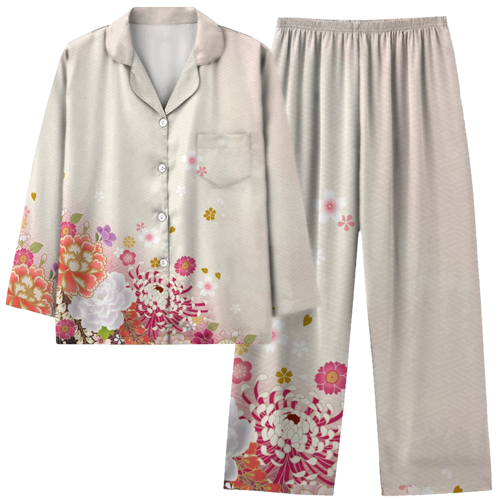 apanese retro floral long sleeved shirt pajama set