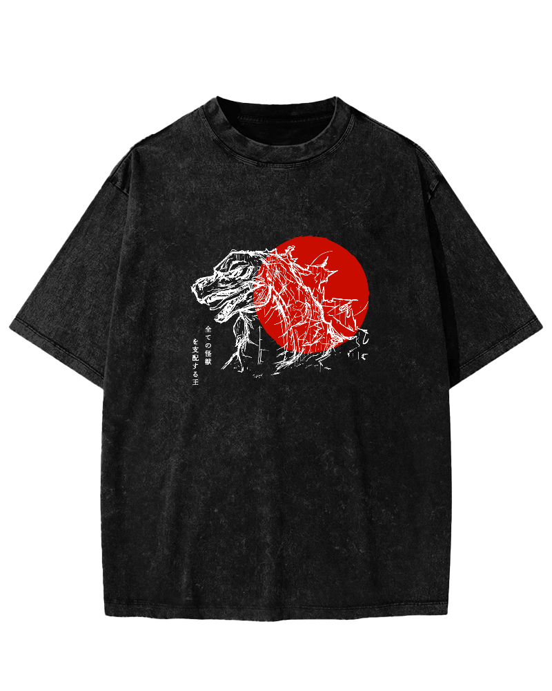 Sunrise Monster Pattern Japanese Style Vintage Distressed T-shirt-Zazasy