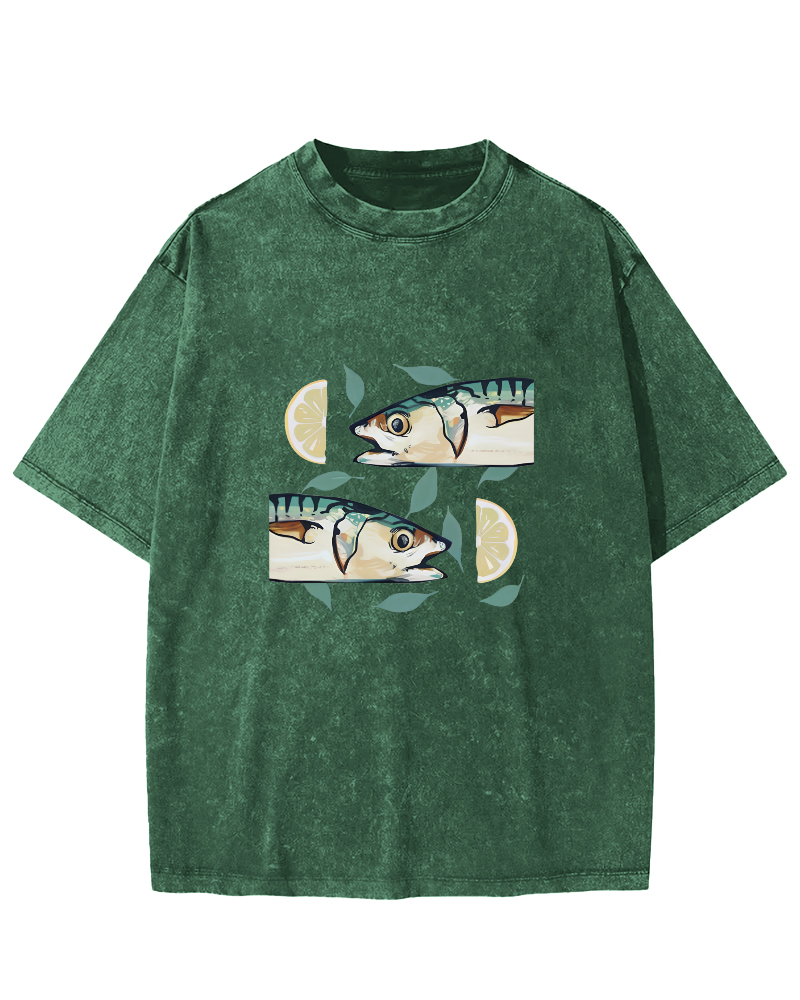 Japanese Lemon Fish Pattern Vintage Distressed T-shirt-Zazasy