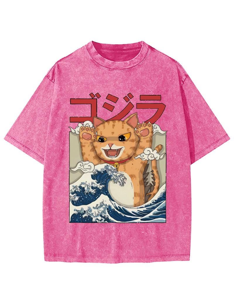 Cat in the Waves, Japanese Style Vintage Washed T-shirt-Zazasy