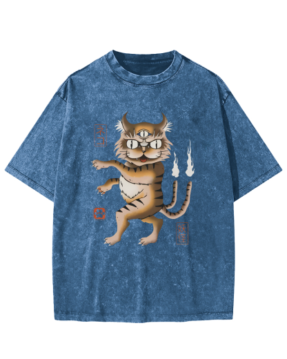 Cat Monster Japanese Vintage Washed T-shirt-Zazasy