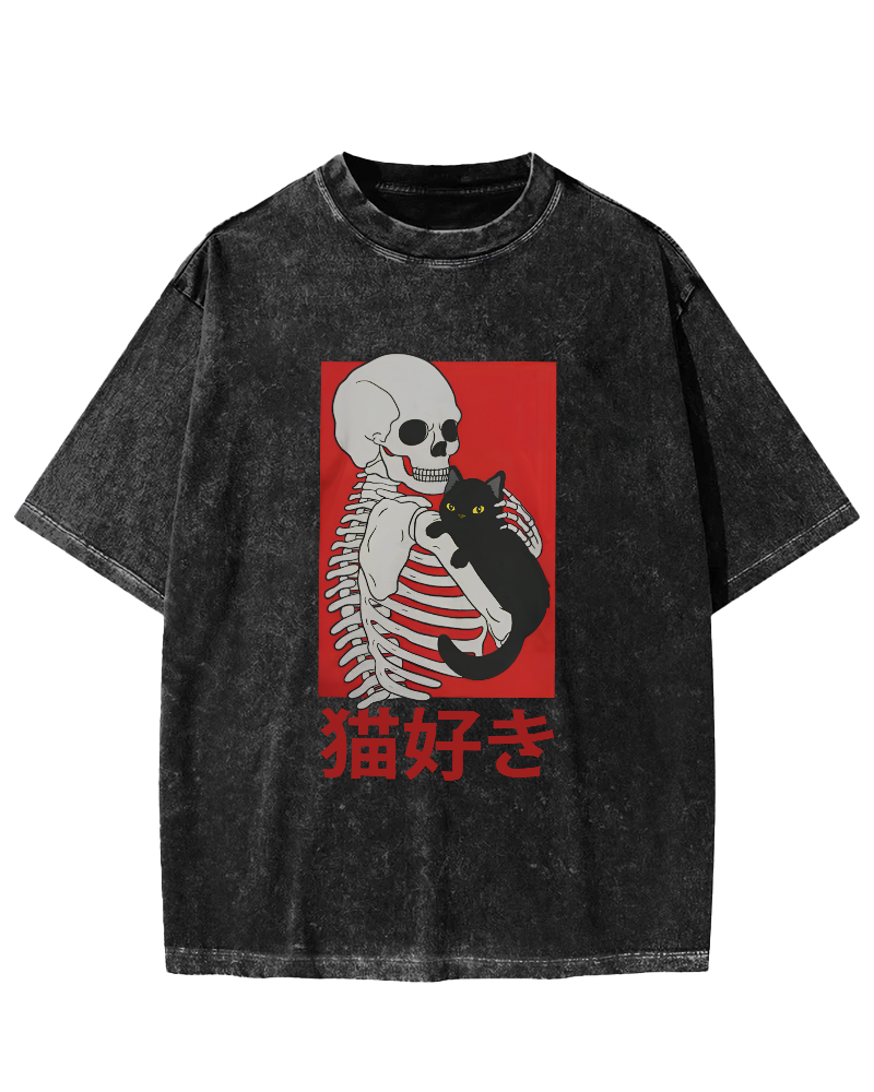Skeleton And Cat Japanese Style Vintage Washed T-shirt-Zazasy