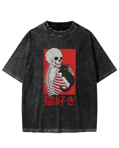 Skeleton And Cat Japanese Style Vintage Washed T-shirt-Zazasy