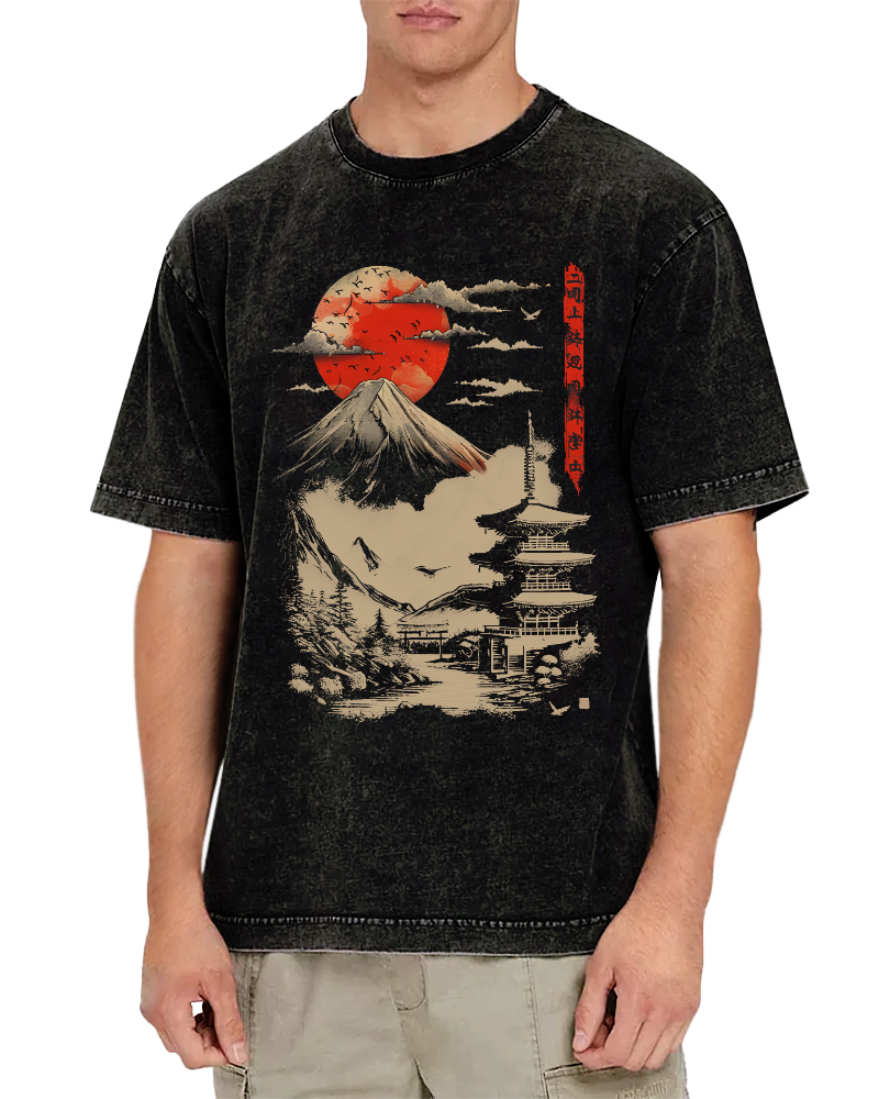 Japanese Sunset Scenery Vintage Washed T-shirt-Zazasy