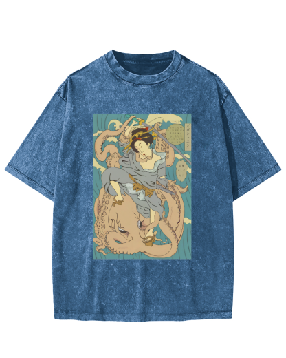 Ukiyo-i Japanese Women Vintage Washed T-shirt-Zazasy