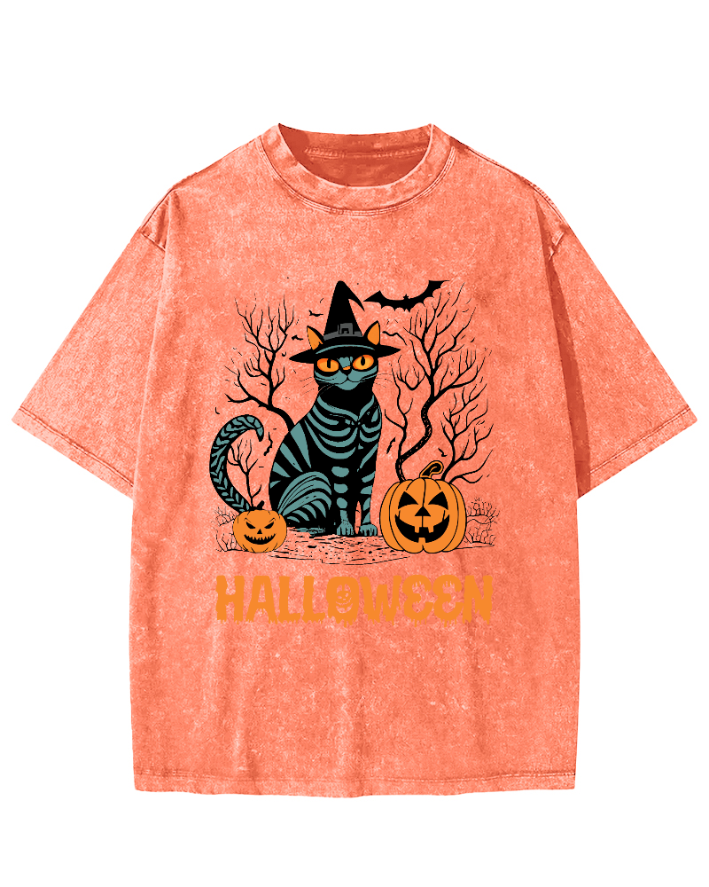 Halloween Cat Vintage Washed T-shirt-Zazasy