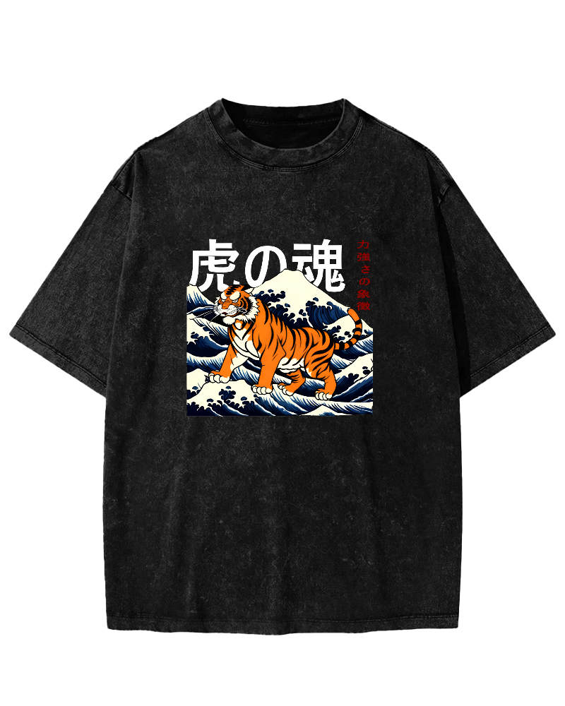 Japanese Tiger Soul Pattern Vintage Distressed T-shirt-Zazasy