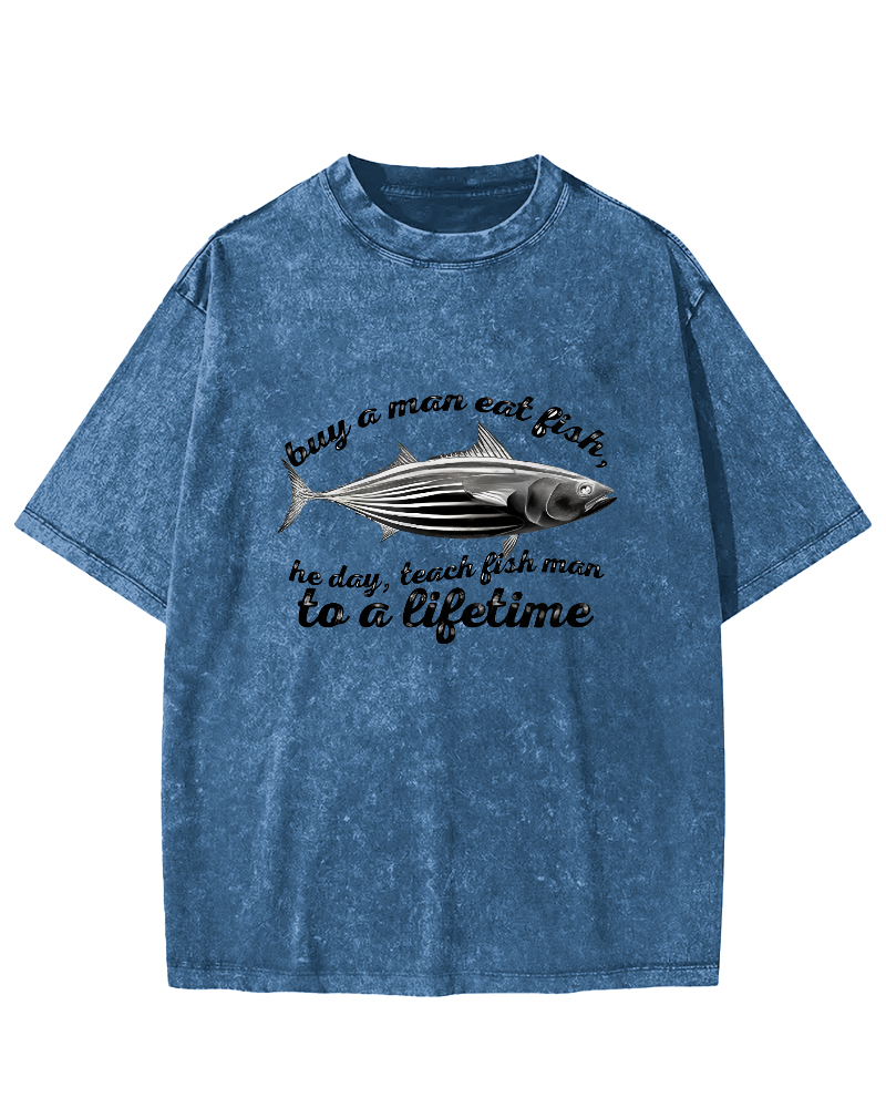 Sea Fish Pattern Vintage Distressed T-shirt-Zazasy