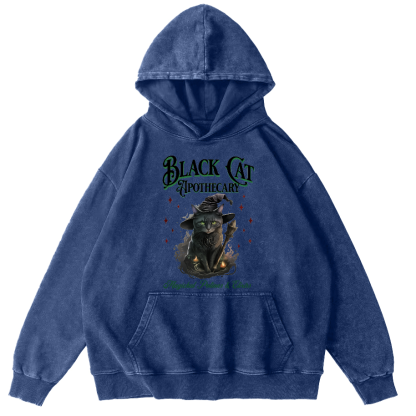 Black Cat Vintage Washed Hoodie-Zazasy