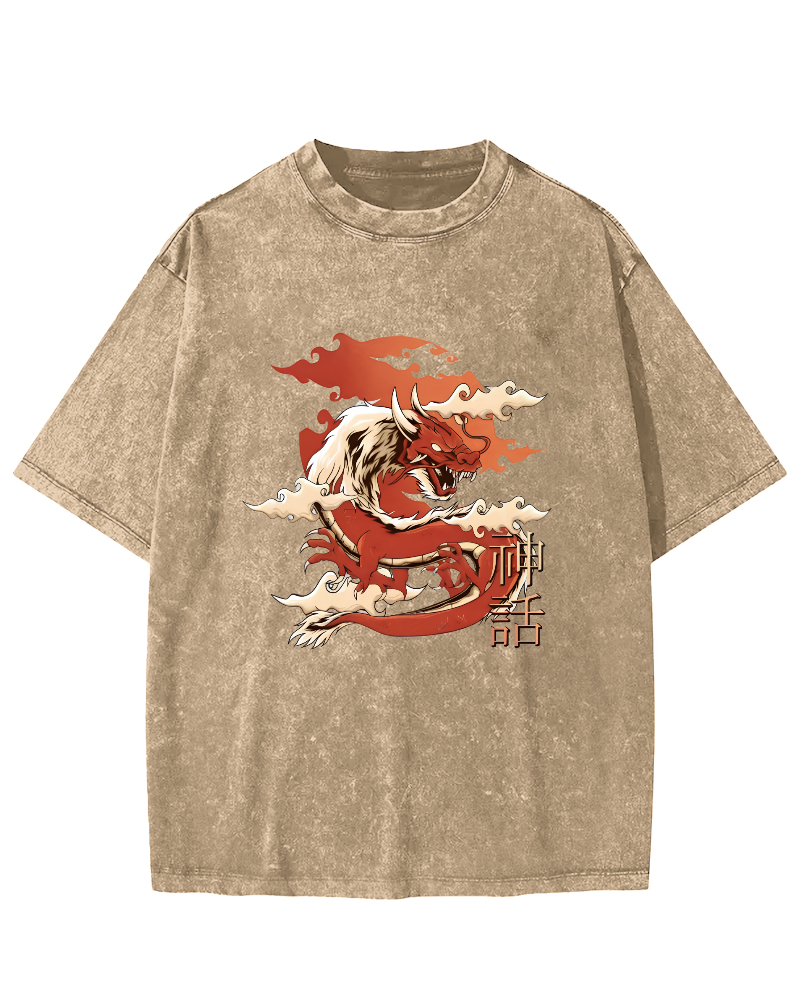 Japanese Dragon Pattern Vintage Distressed T-shirt-Zazasy