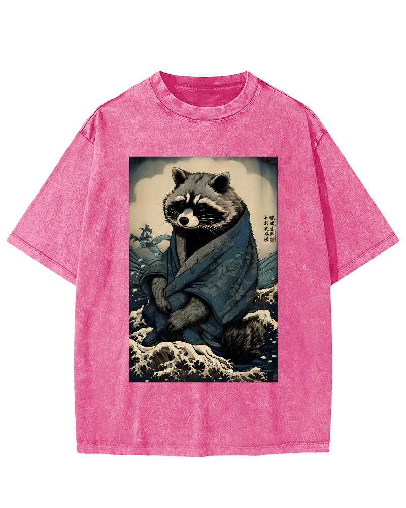 Raccoon in The Waves, Japanese Style Vintage Washed T-shirt-Zazasy