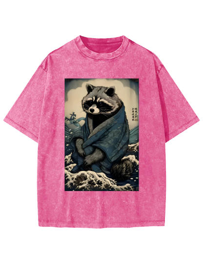 Raccoon in The Waves, Japanese Style Vintage Washed T-shirt-Zazasy