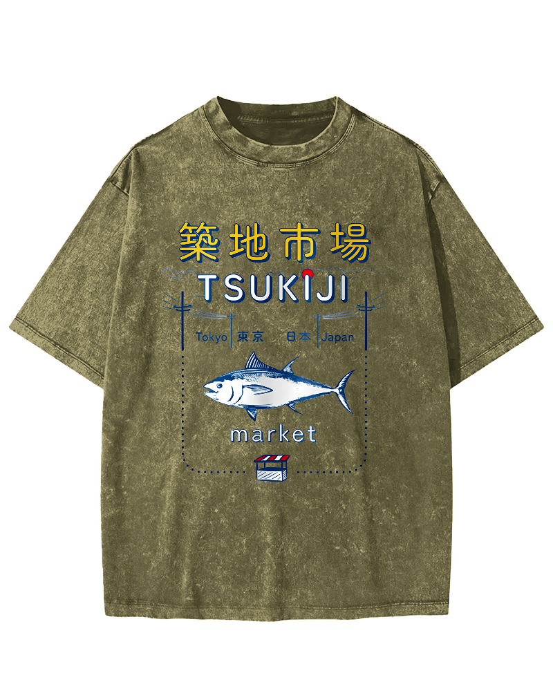 Tuna at the Tsukiji Market in Japan Vintage Washed T-shirt-Zazasy