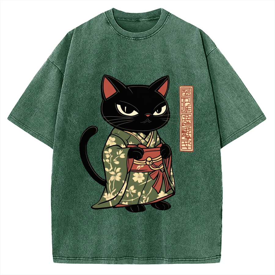 Japanese Cat Geisha Vintage Washed T-shirt