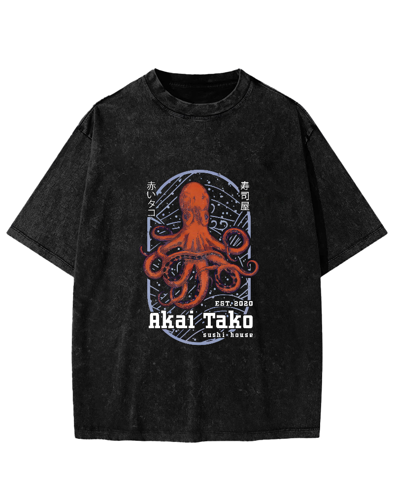 Retro Octopus Japanese Style Vintage Distressed T-shirt-Zazasy