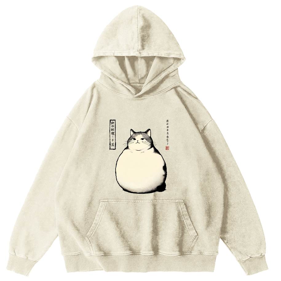 Obese Japanese Style Cat Vintage Distressed Hoodie-Zazasy