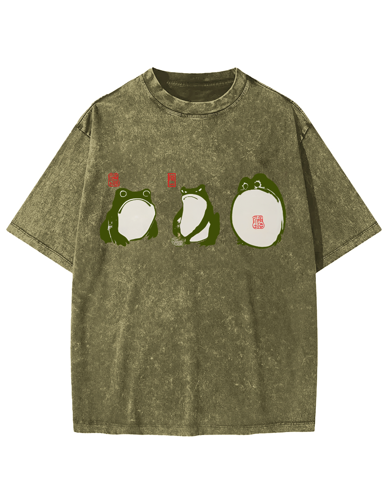 Cute Japanese Frog Vintage Washed T-shirt-Zazasy